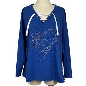 L.A.T. Kansas City Royals Lace Up Rhinestone Heart Top 2XL Blue Long Sleeve